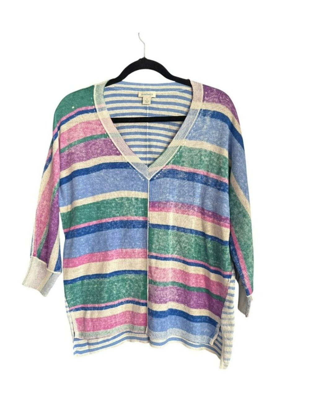 Sundance Johanna Striped Sweater Small Multicolor Cotton Knit V-Neck Boho Dolman